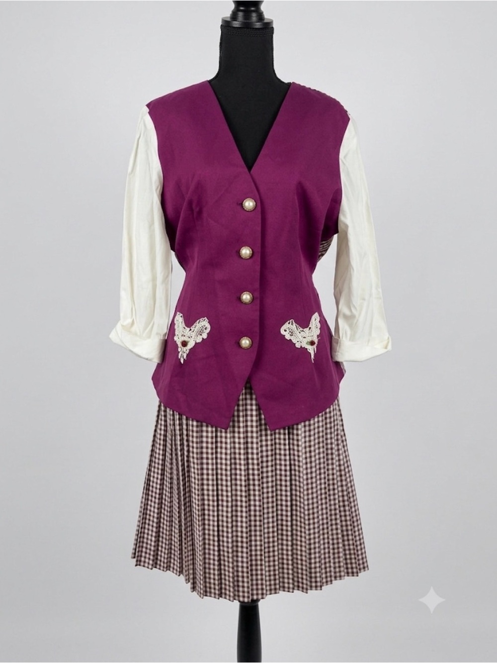 VTG Reina 2Pc Dress Set Purple Gingham Pleated Skirt Vest Top USA Sz 16P 80’s